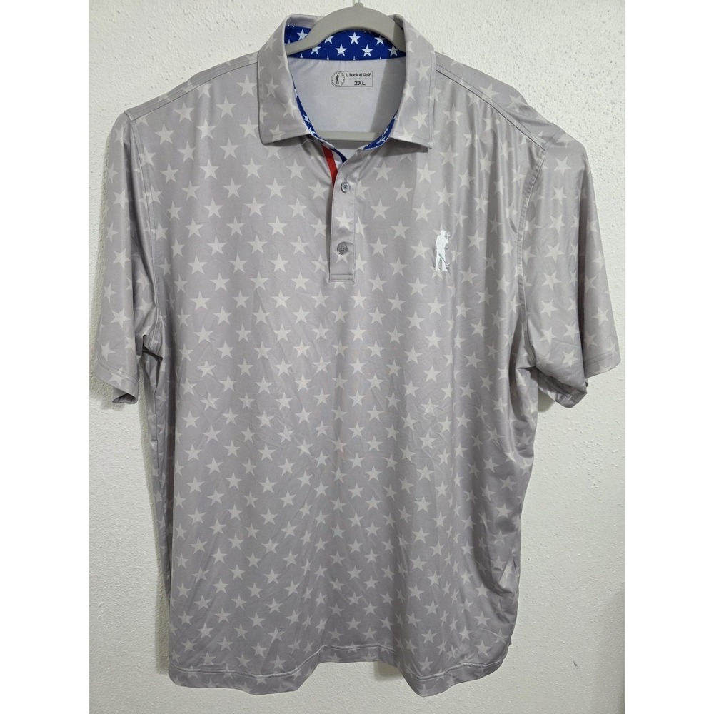 U Suck At Golf Polo Shirt Mens 2XL Gray Star Print Golf Performance Stretch